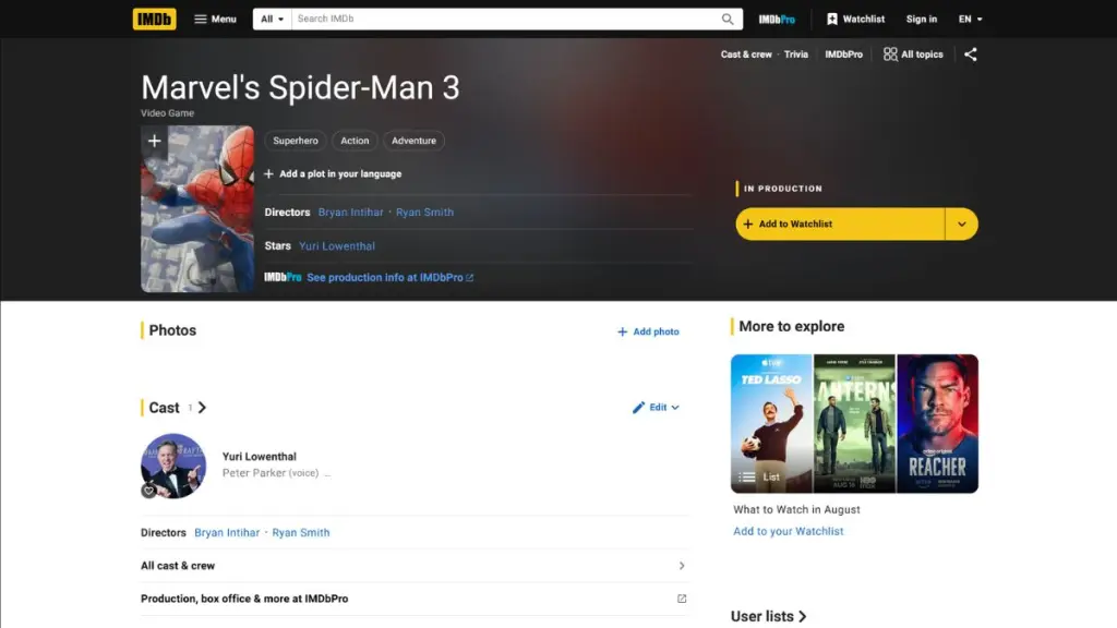 IMDb 页面显示《漫威蜘蛛侠 3》游戏正在开发中，洛文塔尔配音
